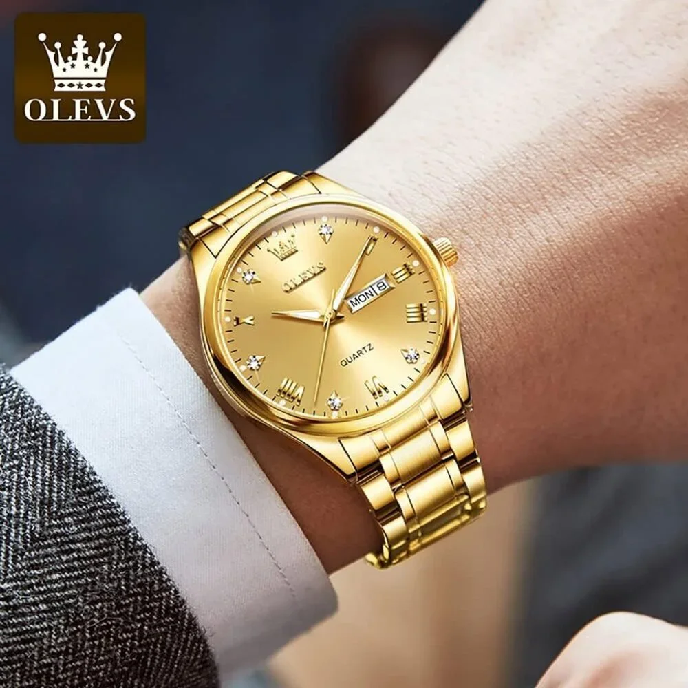 Olevs Men's Gold Steel Stainless Waterproof Stainless Luminous Stylish Watch